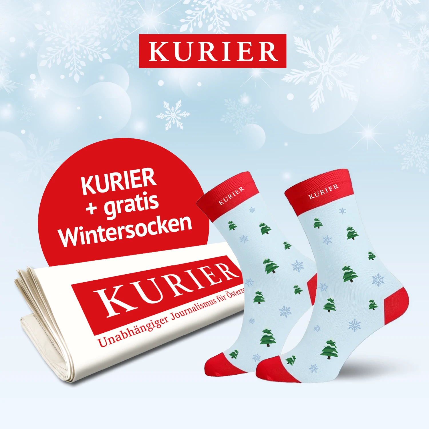 Werbeanzeige für den Kurier mit gratis Wintersocken mit Weihnachtsbäumen und Schneeflocken